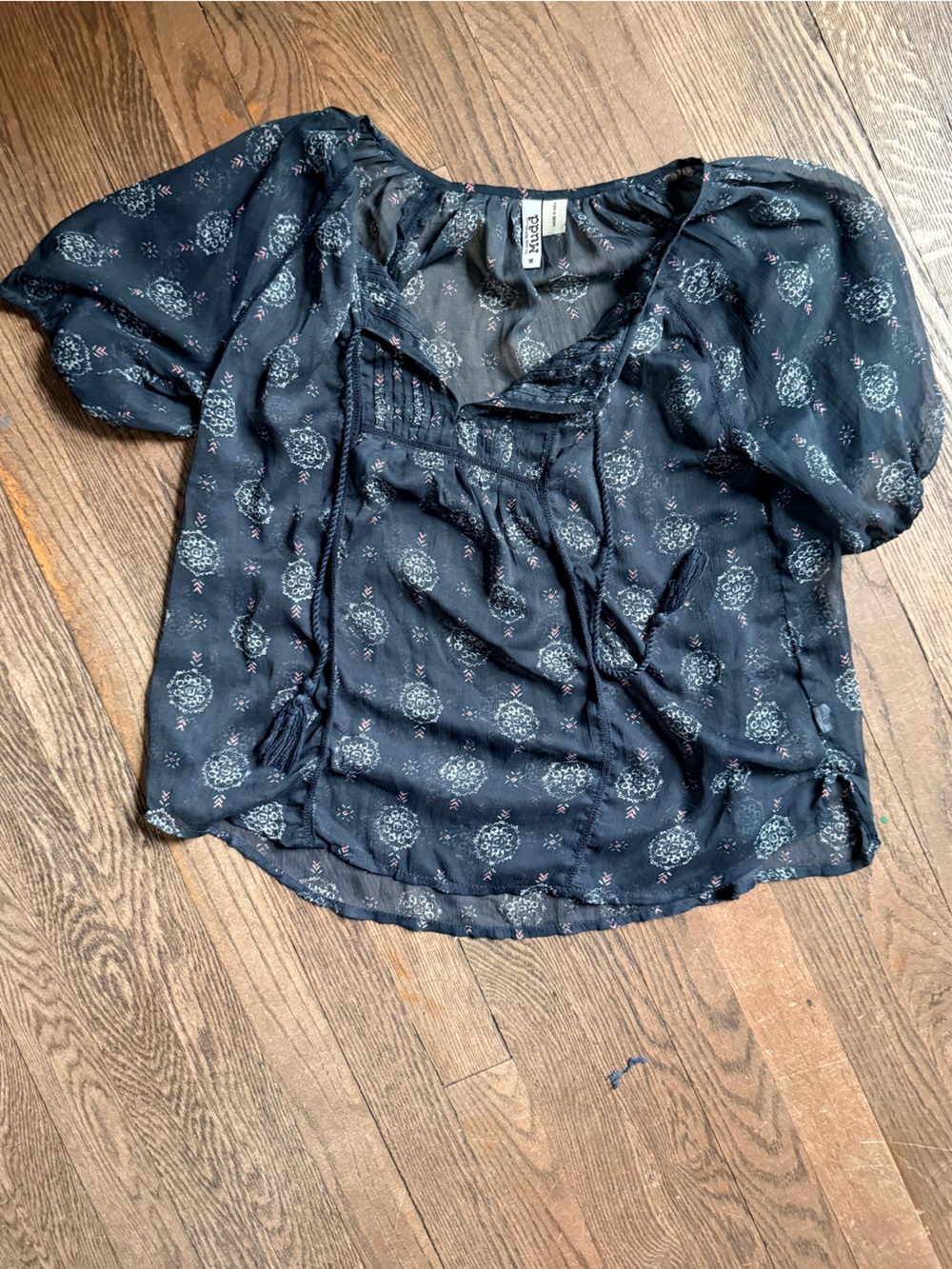 Mudd Navy Floral Pintuck Tassel Blouse
